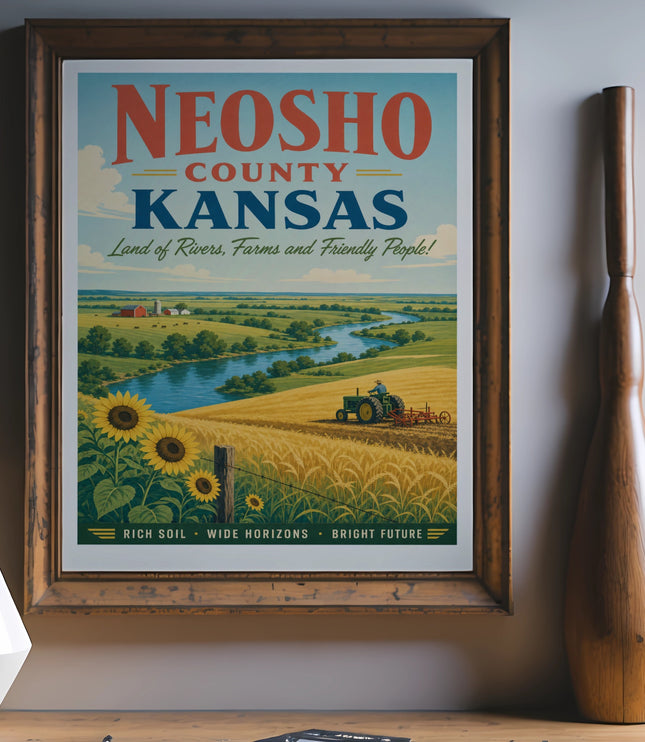 Neosho County Kansas poster with sunflowers, river, and farmland.