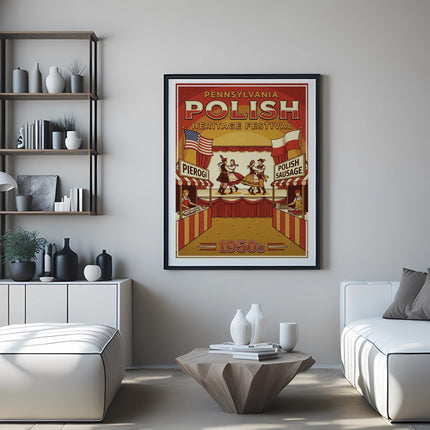 Poster for Pennsylvania Polish Heritage Festival with pierogi and Polish sausage.