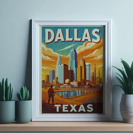 Framed "Dallas Texas" poster featuring skyline and cityscape.