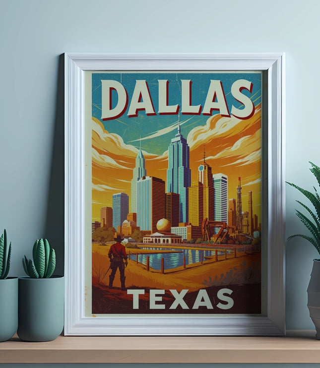 Framed "Dallas Texas" poster featuring skyline and cityscape.