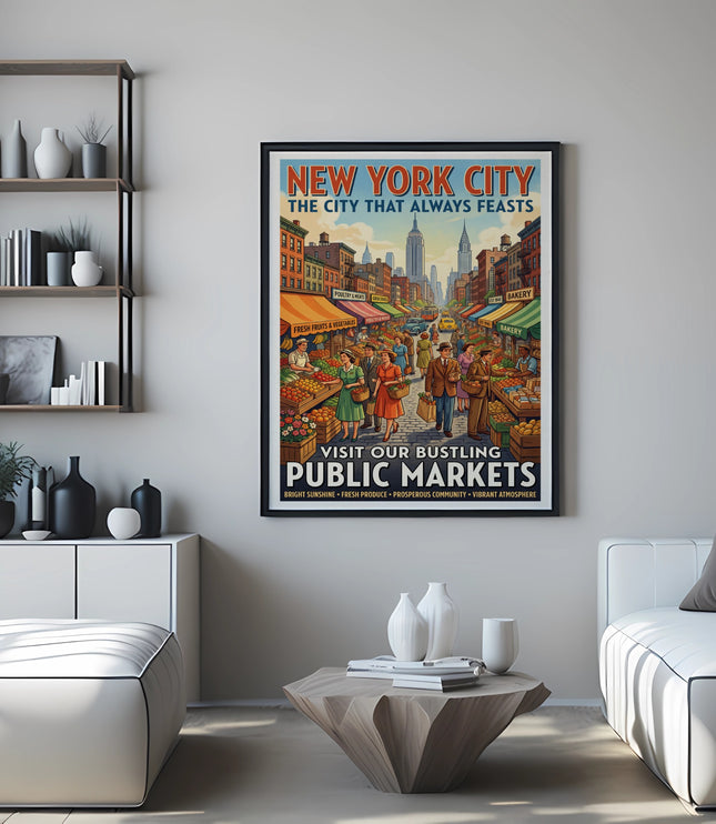 Vintage New York City public markets poster hanging on wall.