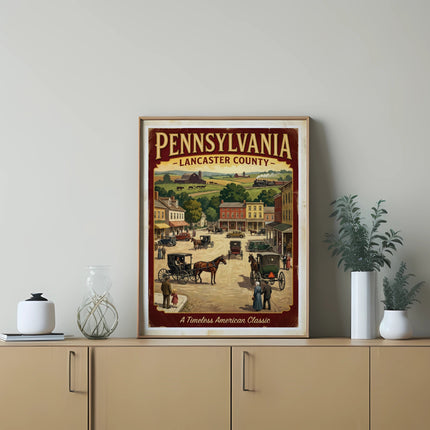 Vintage illustration of Lancaster County, Pennsylvania with horse-drawn carriages.