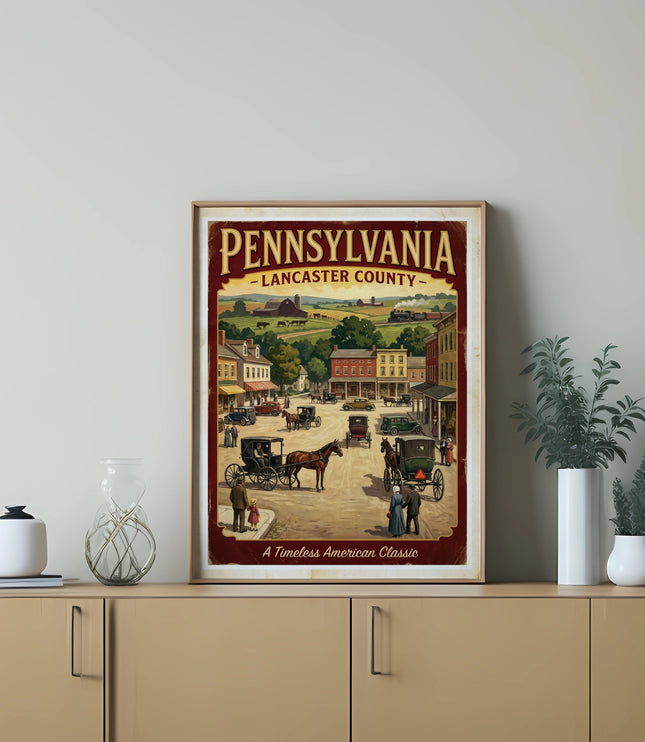 Vintage illustration of Lancaster County, Pennsylvania with horse-drawn carriages.