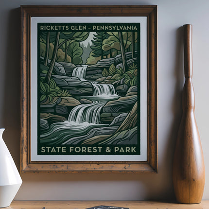 Vintage Ricketts Glen State Forest & Park travel poster with waterfall.