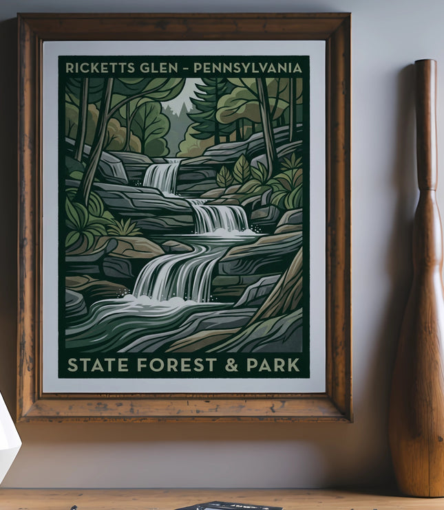 Vintage Ricketts Glen State Forest & Park travel poster with waterfall.