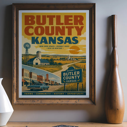 Butler County Kansas travel poster with farms, windmills, and text.