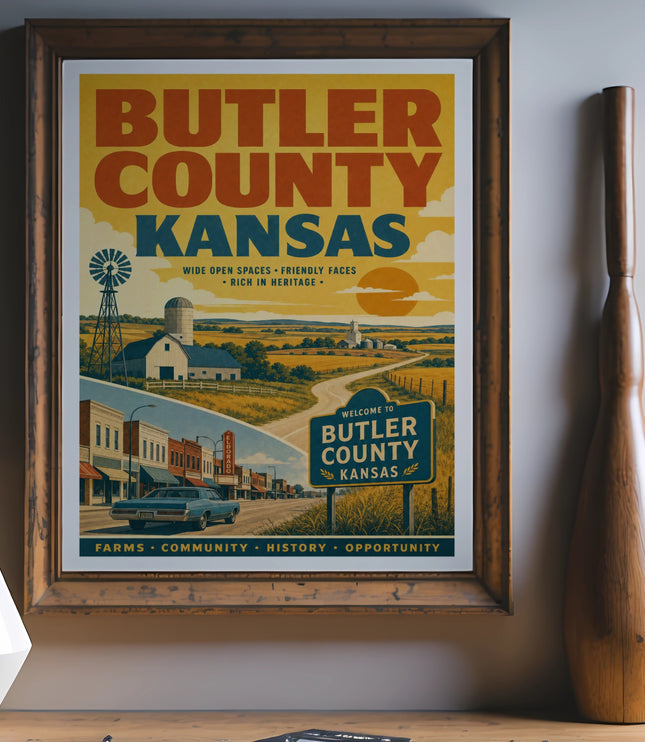 Butler County Kansas travel poster with farms, windmills, and text.