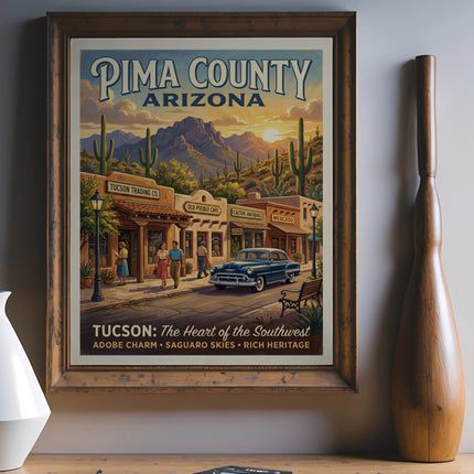 Poster of Pima County, Arizona, featuring a vintage street scene with shops and a classic car.