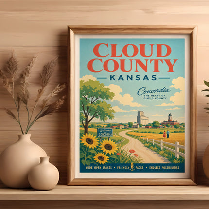 Vintage travel poster for Concordia, Kansas, featuring sunflowers and a train station.