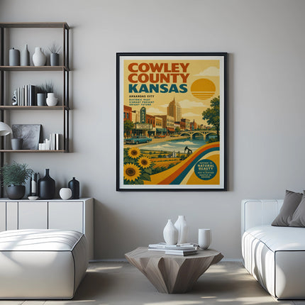 Cowley County, Kansas vintage poster with cityscape and sunflowers.