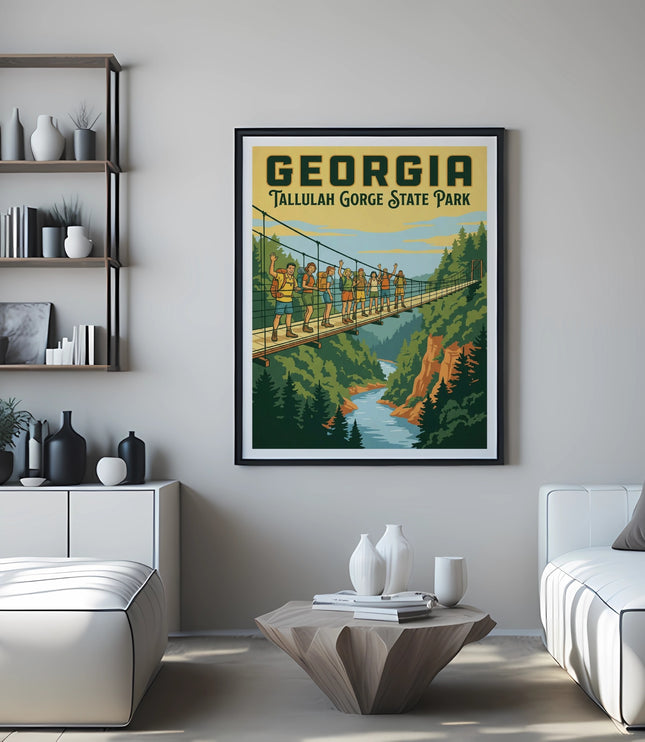Georgia Tallulah Gorge State Park poster with hikers on a suspension bridge.