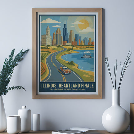 Retro travel poster of Chicago skyline, highway, and lake with sun.