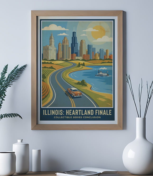 Retro travel poster of Chicago skyline, highway, and lake with sun.