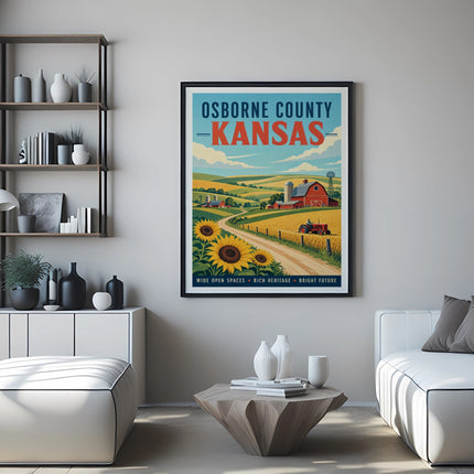 Osborne County Kansas farm landscape poster with sunflowers and red barn.