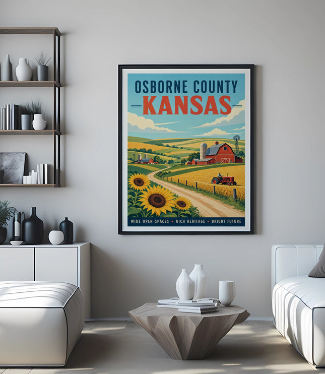 Osborne County Kansas farm landscape poster with sunflowers and red barn.