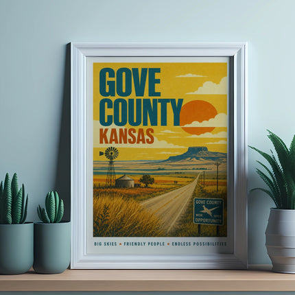 Vintage Gove County, Kansas travel poster with windmill, prairie, and road.