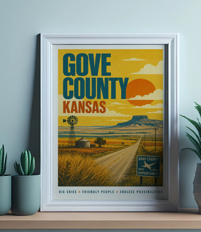 Vintage Gove County, Kansas travel poster with windmill, prairie, and road.