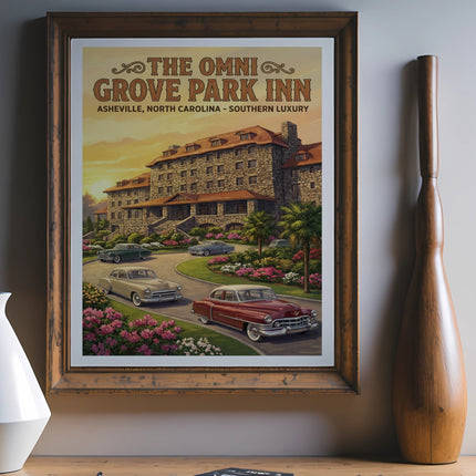 Poster of Omni Grove Park Inn, Asheville, NC, featuring vintage cars and landscaping.