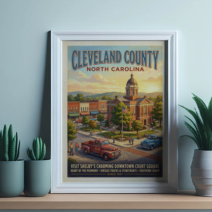 Cleveland County North Carolina poster with vintage trucks and courthouse.