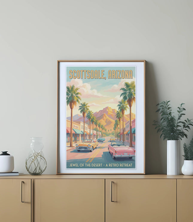 "Scottsdale, Arizona" poster of palm trees and vintage cars on a desert street.