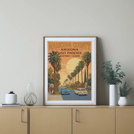 Maricopa County Arizona Visit Phoenix Historic Charm poster with palm trees and vintage cars.
