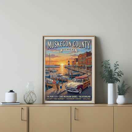 Muskegon County Michigan vintage travel poster with harbor and sunset scene.