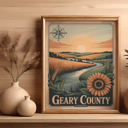 Framed artwork depicts Geary County Kansas landscape with sunflower and river.
