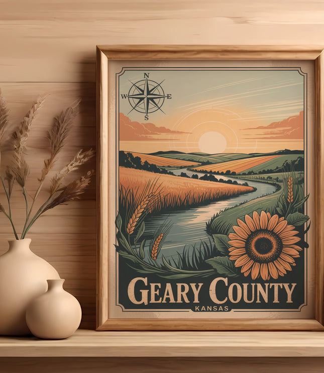 Framed artwork depicts Geary County Kansas landscape with sunflower and river.
