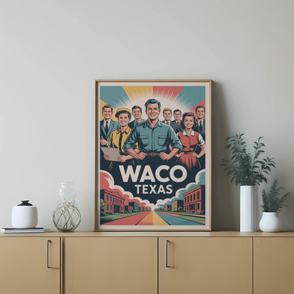 Retro poster featuring diverse people and "Waco Texas" in a vibrant cityscape.