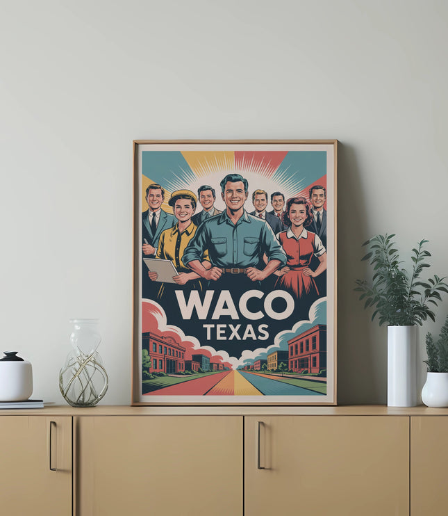 Retro poster featuring diverse people and "Waco Texas" in a vibrant cityscape.