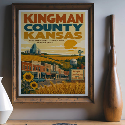 Kingman County Kansas poster with text and rural landscape.