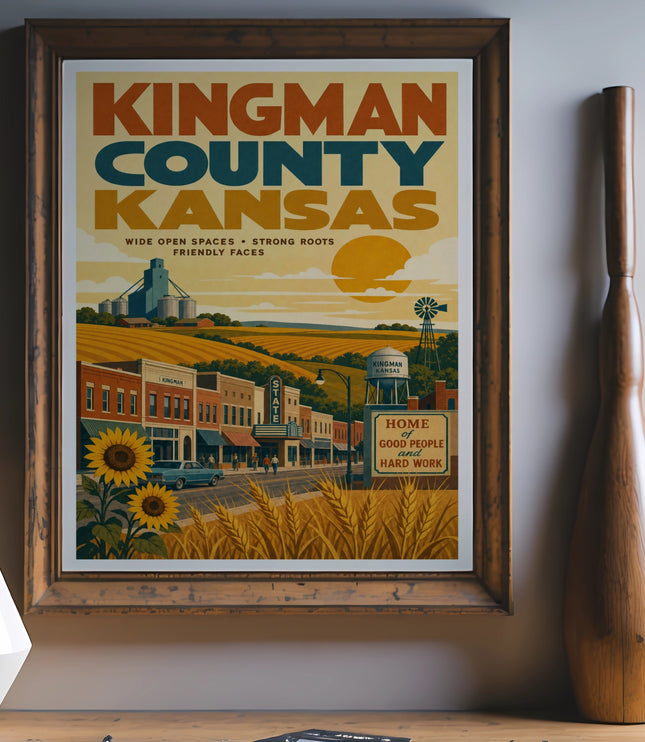 Kingman County Kansas poster with text and rural landscape.