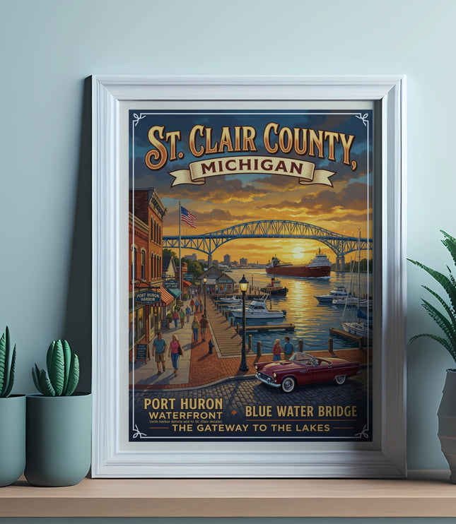 St. Clair County, Michigan poster featuring Port Huron waterfront and Blue Water Bridge.