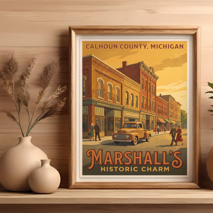 Calhoun County, Michigan poster with vintage truck and buildings reads "Marshall's Historic Charm."