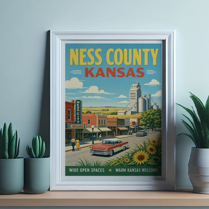 Poster featuring a retro street scene of Ness County, Kansas.
