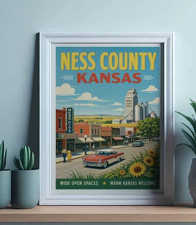 Poster featuring a retro street scene of Ness County, Kansas.