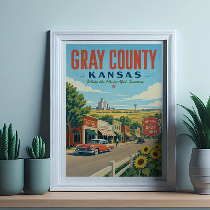 Retro poster of Gray County, Kansas with a vintage car and town buildings.