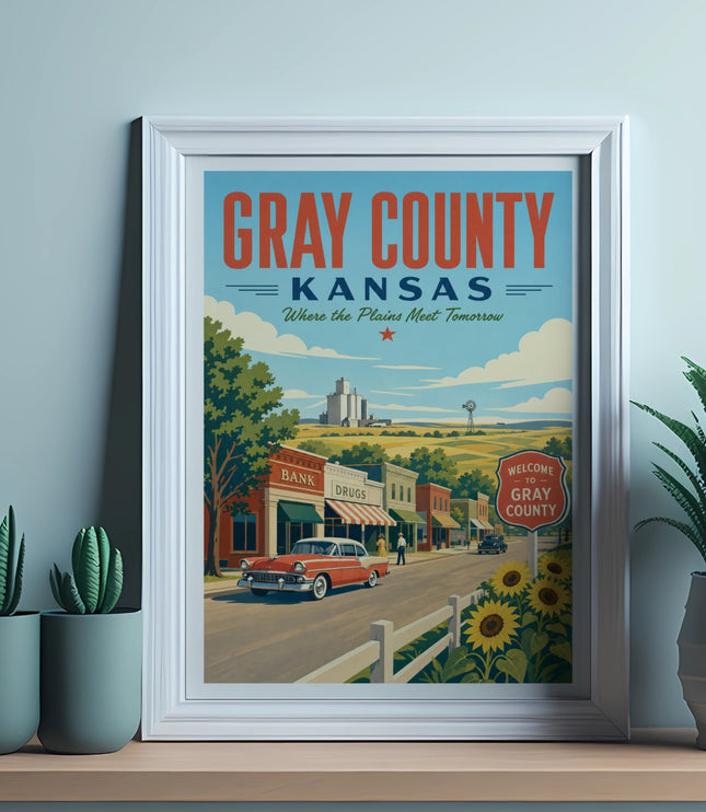 Retro poster of Gray County, Kansas with a vintage car and town buildings.