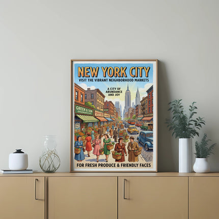 New York City market poster with vintage street scene and market text.