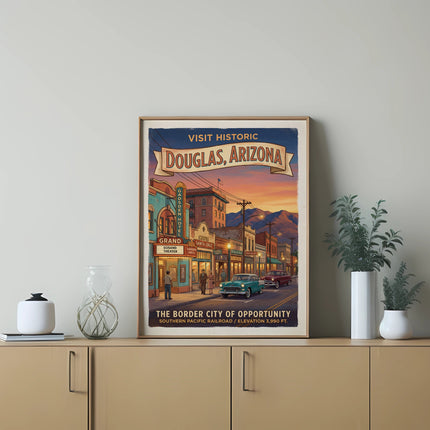 Poster of Douglas, Arizona, featuring historic buildings, cars, and text.