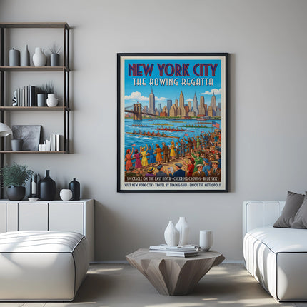 New York City The Rowing Regatta poster with boats and crowd.