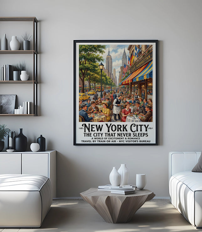 New York City vintage travel poster with Empire State Building and "Cafe Manhattan" sign.