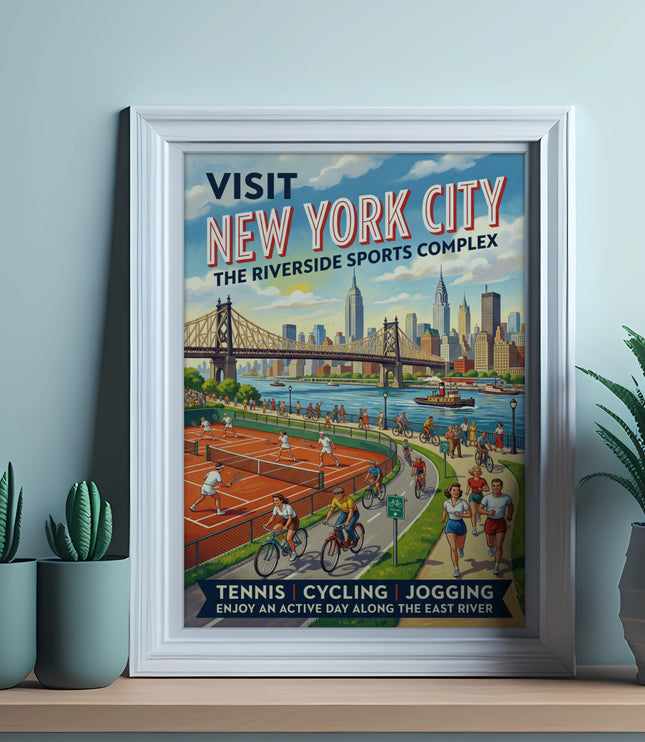 New York City Riverside Sports Complex poster featuring tennis, cycling, and jogging.