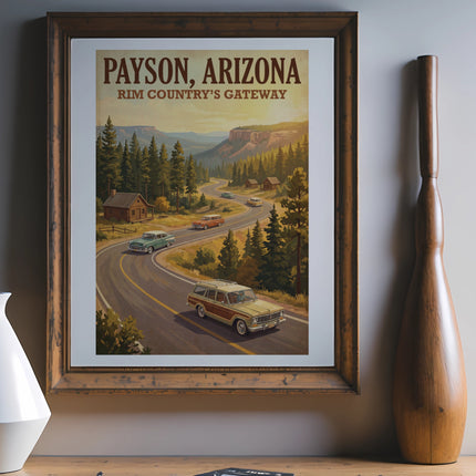 Payson, Arizona Rim Country's Gateway vintage travel poster with cars driving mountain road.