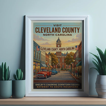 Poster promoting Cleveland County, North Carolina, with a scene of a charming downtown square.