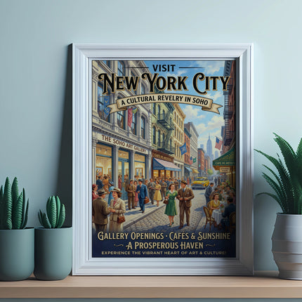 Vintage poster advertising New York City's SoHo district as a cultural haven.