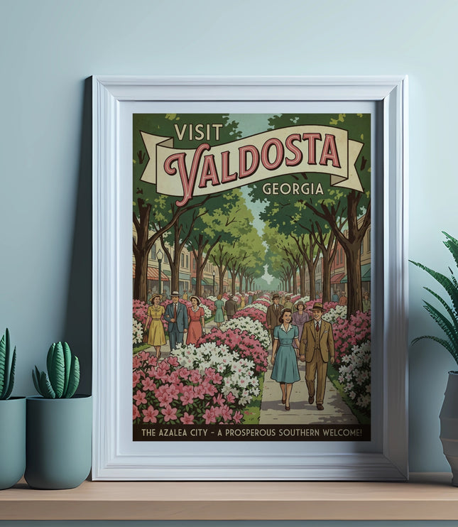 Visit Valdosta Georgia poster featuring people walking down a tree-lined street with azaleas.