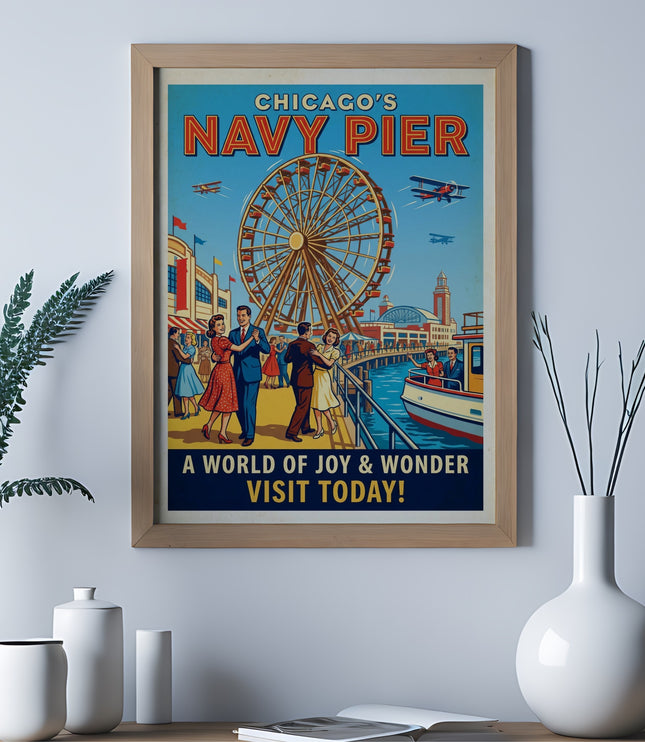 Vintage Chicago Navy Pier poster with Ferris wheel, couples dancing, and boats.