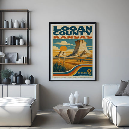 Logan County, Kansas travel poster featuring Monument Rocks and sunflower.
