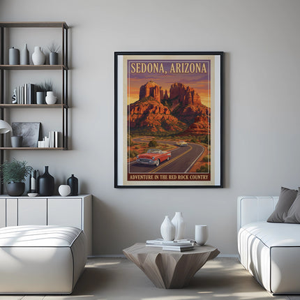 Vintage Sedona, Arizona travel poster with vintage cars on a winding road.